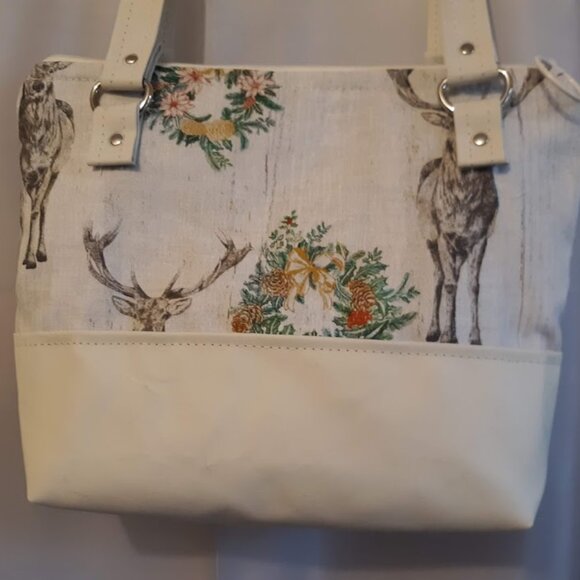 New Woodland Deer Double handle Satchel Purse Shoulder Bag Ivory Brown Western - Picture 8 of 11